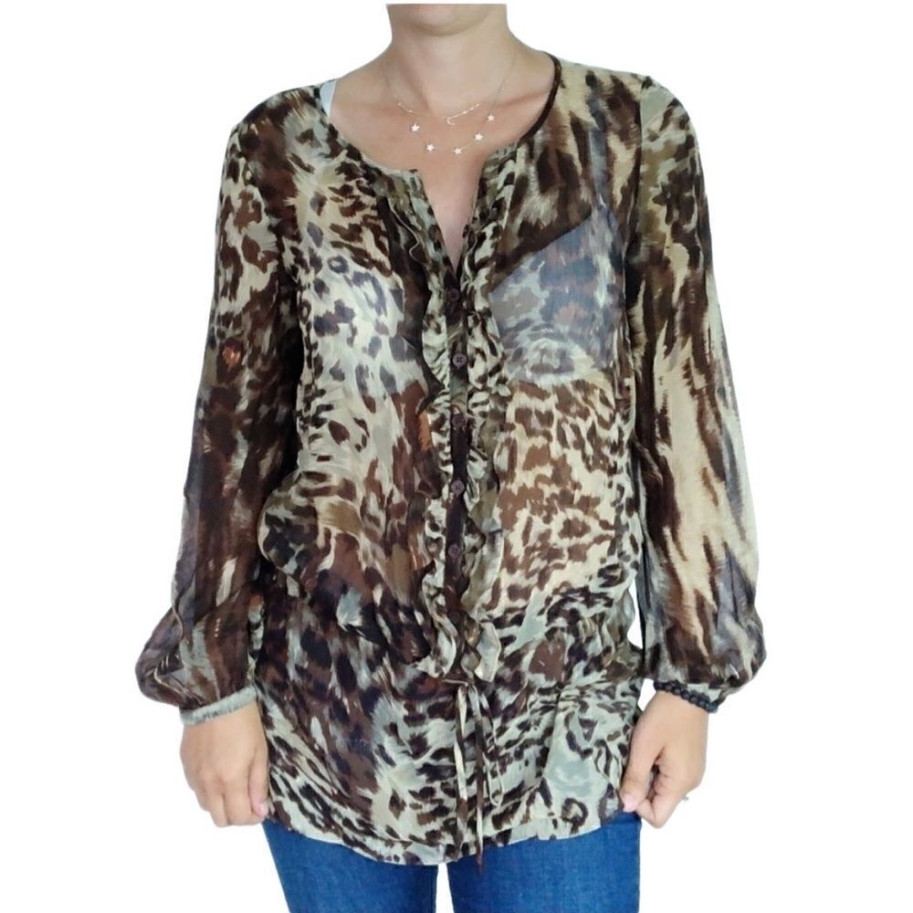 Cabi Brown Animal Print Long Silk Tunic Top 806 Blouse Size Small